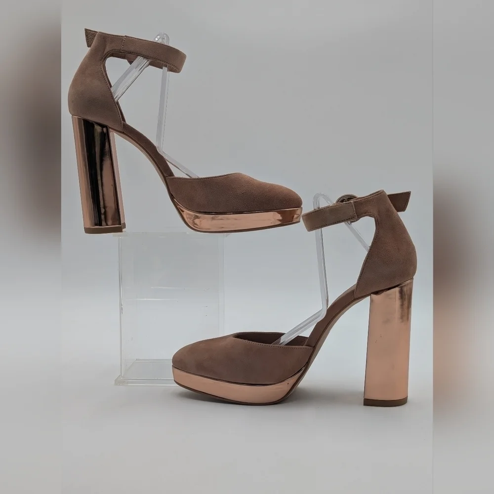 Free People Mix &Mingle Peach Suede Metallic Rose Gold Platform Heels US 7 EU 38